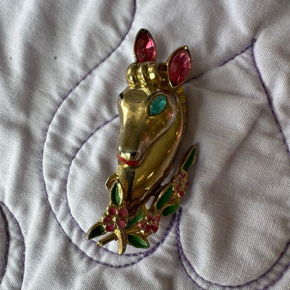 Vintage Coro Signed Gold-Tone Horse Head Brooch | Pink Rhinestone Ears | Teal Ey